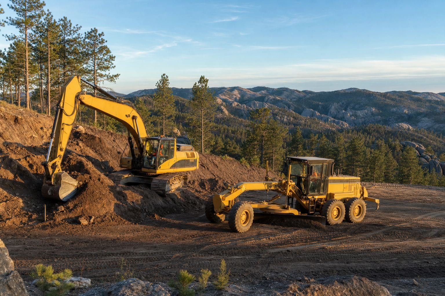 Excavator and motor grader preparing a building pad in the Black Hills near Rapid City, South Dakota